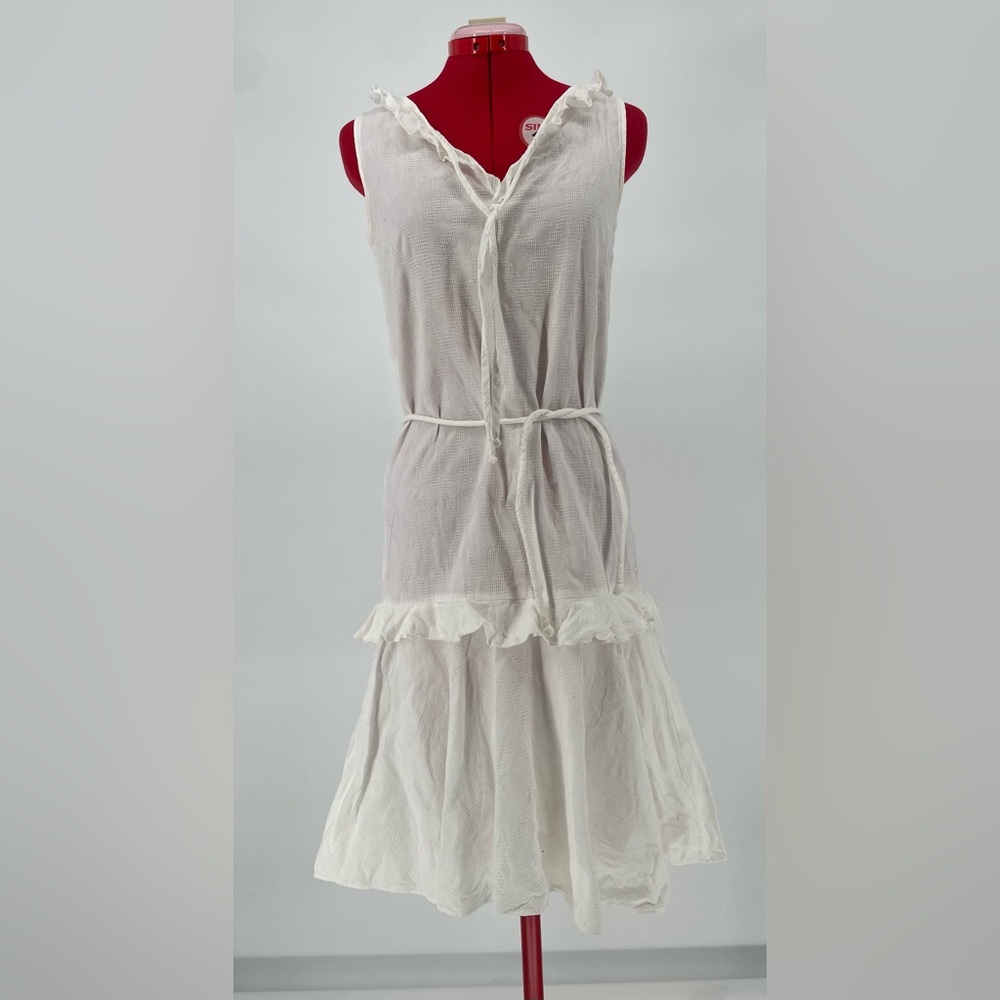 Vintage Crisp White Drop Waist Midi Dress With Neckline Ties & Tie Belt - Picture 3 of 15